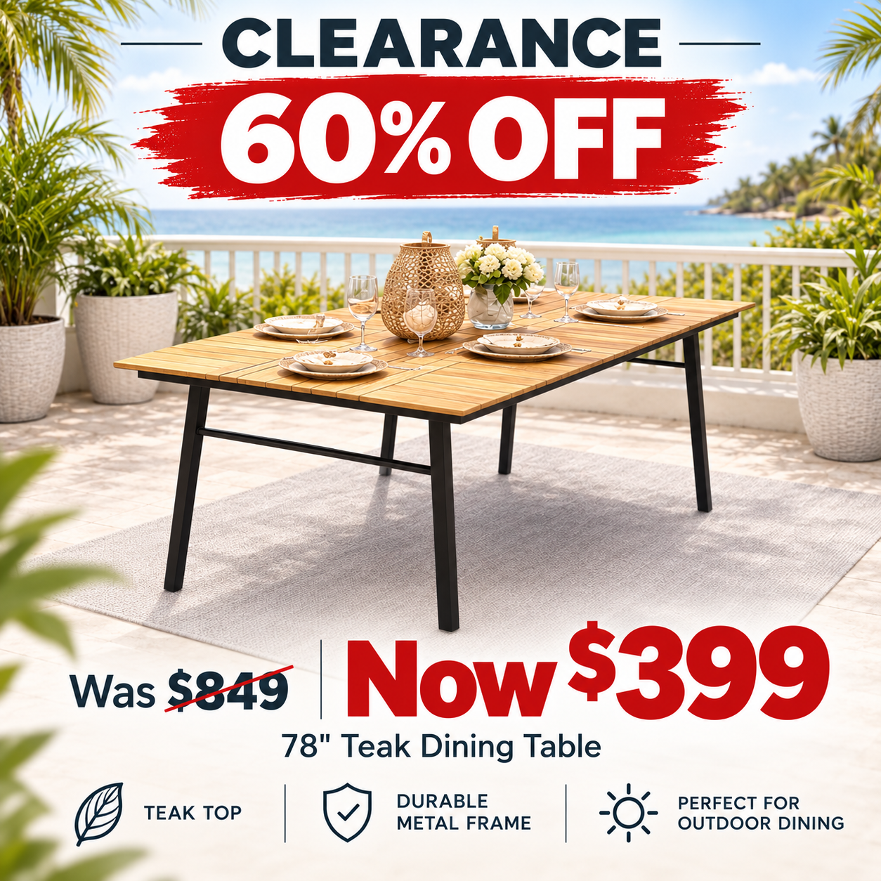 Parker 79" Outdoor Dining Table - 60% OFF