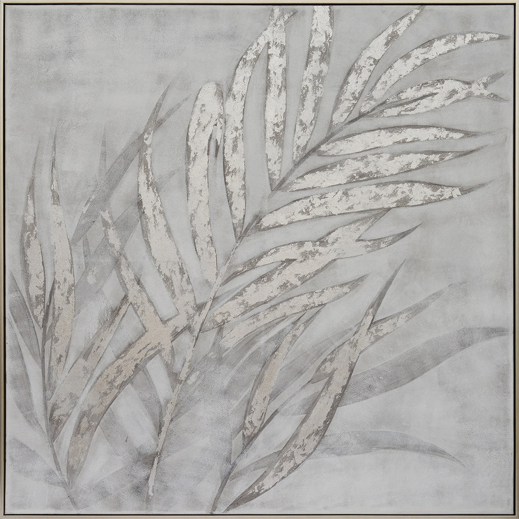 Silver Leaves Hand-Painted Canvas Artwork Oil Painting 40 x 40 - Framed - Art - - Greathouse